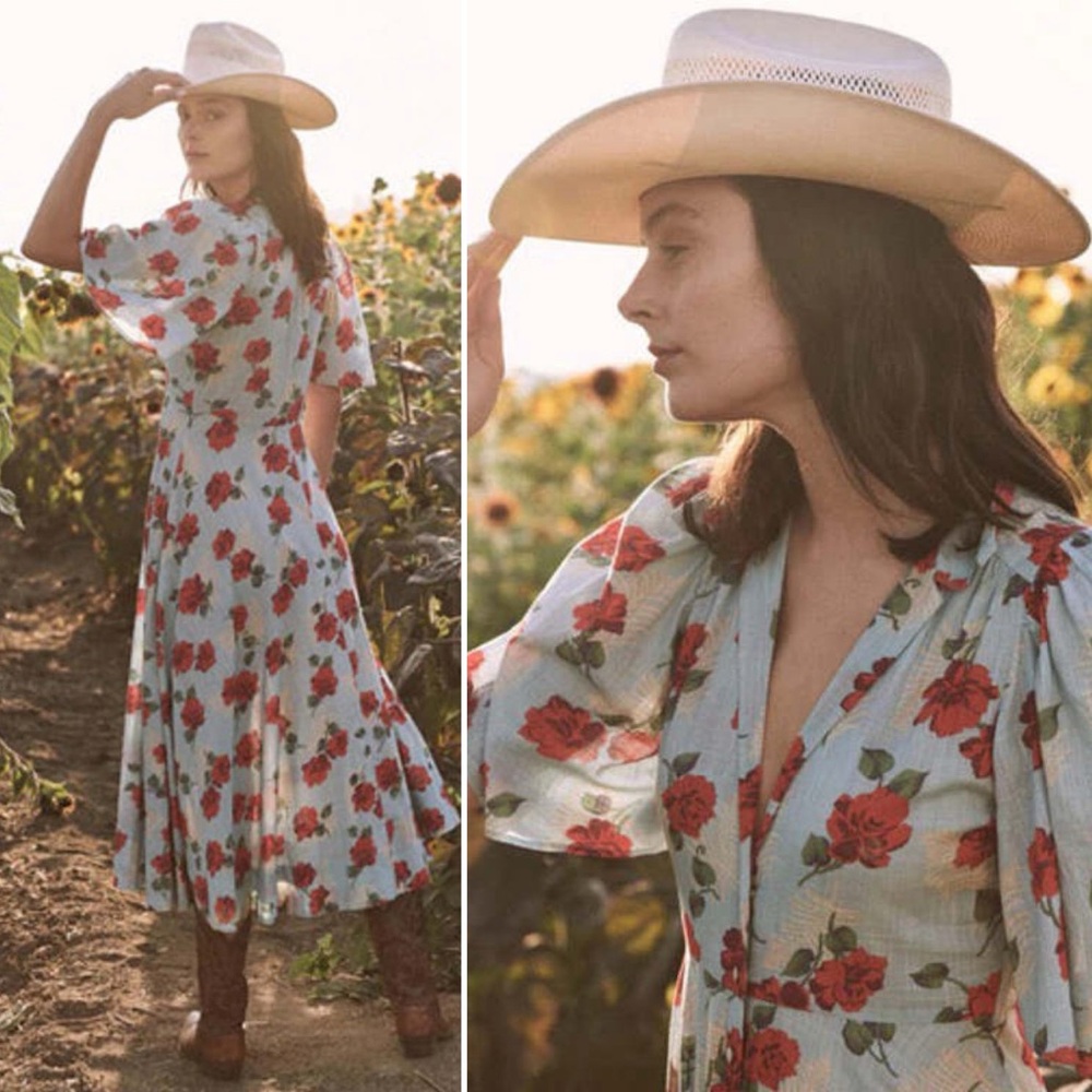 The Great Bridge Floral Midi Dress Blue Red Cotton Size 0 / XS - Picture 5 of 15